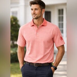 PETER MILLAR Men’s Medium Coral White Striped Polo Shirt Short Sleeve Golf